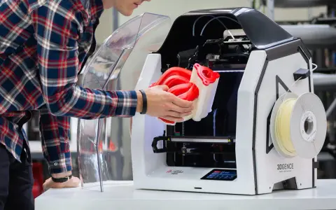 Inżynier wyjmuje z drukarki 3D skomplikowany element, pokazując potencjał druku 3D w przemyśle.