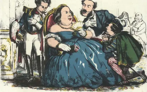 Caricatura del reinado de Isabel II: una reina obesa recibe pleitesía de cortesanos.