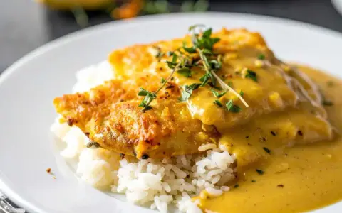 Poisson pané sur un lit de riz, nappé d'une onctueuse sauce moutarde et garni de thym frais. Un délice !