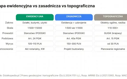Porównanie map: ewidencyjna (działki, budynki, skala 1:500-1:5000, prowadzona przez starostwo) vs zasadnicza vs topograficzna.
