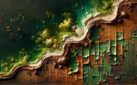 Une texture abstraite évoquant une terre verte luxuriante, contrastant avec une surface craquelée et ancienne.