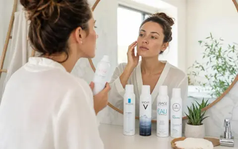 Une femme applique de l'eau thermale Avène sur son visage, entourée d'autres brumisateurs d'eau thermale.