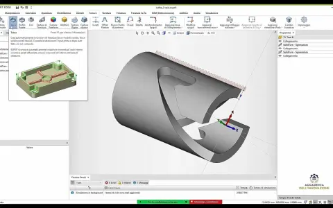 Interfaccia software per la progettazione meccanica con modello 3D di un pezzo cilindrico e un componente squadrato.
