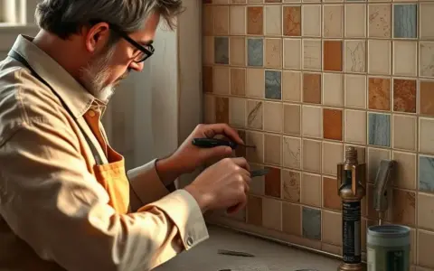Un homme répare un mur carrelé. Il utilise des outils pour travailler sur les joints, peut-être pour comprendre qu'est-ce qu'un mortier.