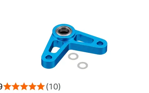 Blauer Aluminium-Bellcrank mit Kugellager und zwei Unterlegscheiben, bereit für den Einbau in ein RC-Modell.