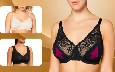 Modelli di reggiseni per donne con seni grandi, in pizzo nero e beige, e uno nero senza ferretti.