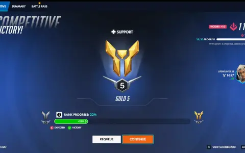Wygrana w Overwatch 2! Gracz osiągnął rangę Gold 5 w trybie wsparcia, zdobywając +10 punktów.