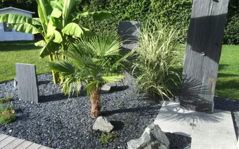 Une belle entrée de maison extérieure avec une plante luxuriante, des ardoises et un palmier.