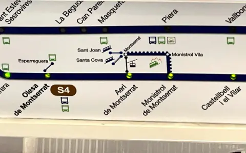 A train route map showing the S4 line with stations like Esparreguera, Montserrat, and Castellbell.