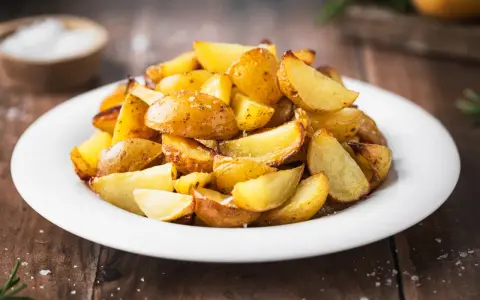 Patate al forno con buccia, dorate e croccanti, servite su un piatto bianco. Un contorno semplice e gustoso.