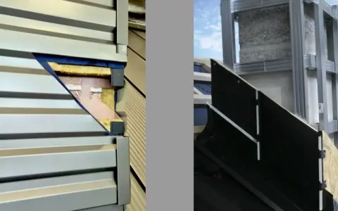 Szczegółowy przekrój pokazuje ocieplenie komina z wełną mineralną i okładziną. Widoczna konstrukcja stalowa i materiały izolacyjne.