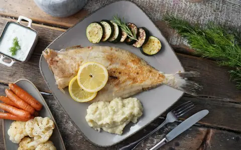 Gebratene Scholle, ein köstlicher Plattfisch, serviert mit Zucchini, Kartoffelpüree, Karotten und Blumenkohl. Zitronenscheiben und Kräuter garnieren das Gericht.