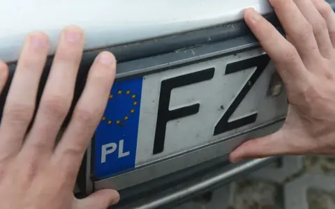 Dłonie trzymają tablicę rejestracyjną z oznaczeniem PL i literami FZ. Może to być związane z czasowe wyrejestrowanie pojazdu.