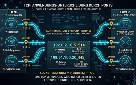 TCP nutzt Ports zur Unterscheidung von Anwendungen. Ein Socket-Endpunkt kombiniert IP-Adresse und Port, um eine TCP-Verbindung eindeutig zu beschreiben.