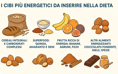 Cibi energetici per una dieta equilibrata, utili anche per chi soffre di ADHD: cereali, superfood, frutta, frutta secca, cioccolato, miele.