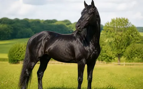 Magnifique cheval noir, digne d'un Jappeloup, se tient dans un pré verdoyant sous un ciel bleu.