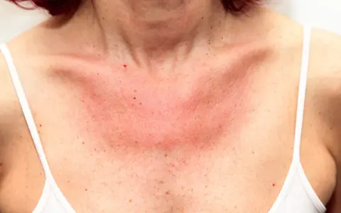 Poitrine rouge et irritée, signe d'une allergie au soleil. Un remède grand-mère pourrait soulager cette peau sensible.