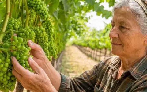 Donna anziana controlla i grappoli d'uva verde in vigna, seguendo il calendario trattamenti vigneto.