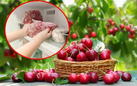 Ręce wkładają do zamrażarki worek z mrożonymi czereśniami, obok koszyk świeżych owoców.