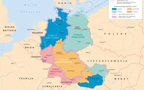 Niemcy i Austria podzielone na strefy: brytyjską, amerykańską, francuską i sowiecką. Różnice w podziale po II wojnie światowej.