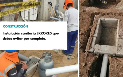 Construcción: errores comunes en la instalación sanitaria. Obreros trabajan en tuberías y una fosa de ladrillos.