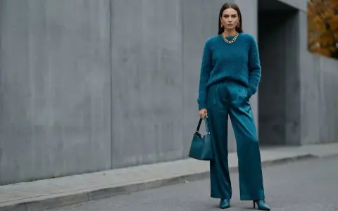 Kobieta w eleganckim, futrzanym swetrze i satynowych spodniach w kolorze petrol. Torebka i buty również w tym samym odcieniu.