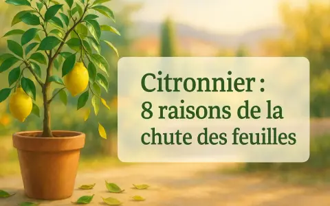 Un citronnier en pot perd ses feuilles. Le texte indique "Citronnier : 8 raisons de la chute des feuilles".