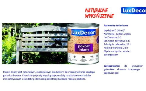 Czarny kot na ławce w ogrodzie obok puszki z napisem "pokost lniany" LuxDecor. Naturalne wykończenie drewna.