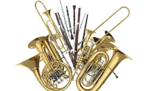 Un ensemble d'instruments à vent en laiton et en bois, incluant un tuba, un cor français, un trombone et des clarinettes.