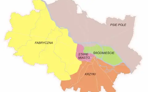 Mapa Wrocławia z podziałem na dzielnice: Fabryczna, Stare Miasto, Śródmieście, Krzyki i Psie Pole. Wrocław jakie województwo? Dolnośląskie.