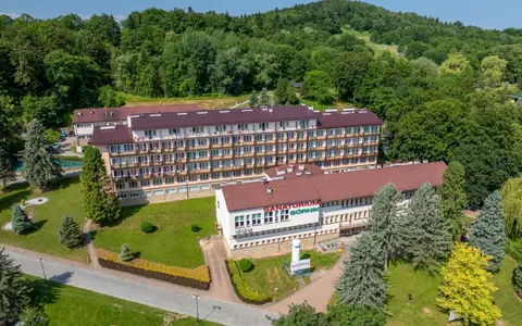 Sanatoria pełnopłatne w Iwoniczu-Zdroju: rozległy kompleks budynków otoczony zielenią, z widocznym napisem "Sanatorium Górnik".