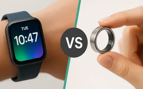 Eine Smartwatch am Handgelenk zeigt die Uhrzeit. Daneben hält eine Hand einen smarten Ring. Was ist eine Smartwatch?