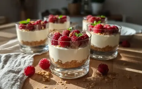 Flera glas med krämig cheesecake i glas, toppad med färska hallon och mynta. En härlig sommardessert.