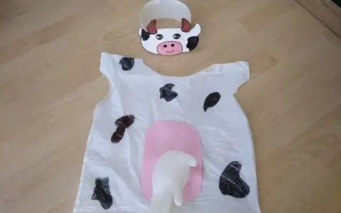 Originales disfraces con bolsas de basura: un traje de vaca blanco con manchas negras y una ubre rosa, junto con una diadema de vaca.