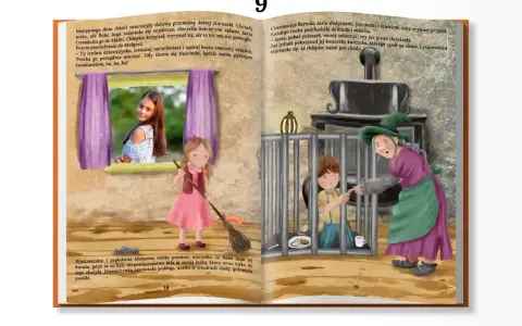 Ilustracja przedstawia czarownicę w zielonym kapeluszu i fioletowej sukni, która karmi chłopca w klatce.