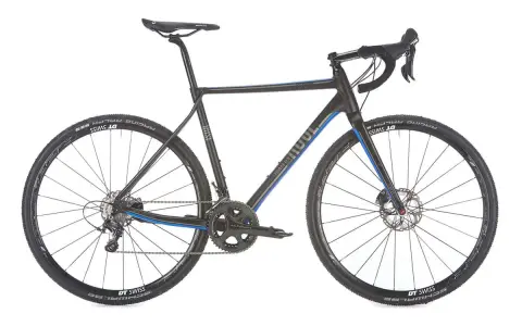 Schwarzes Rose Team DX Cross Rennrad mit blauen Akzenten und Schwalbe Reifen.