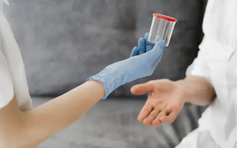 Ręka w niebieskiej rękawiczce podaje pojemnik na mocz, sugerując badanie, jak wypłukać cukier z moczu.