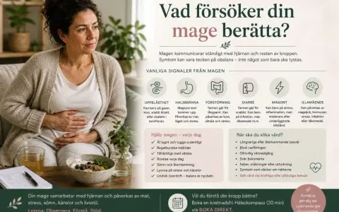 Kvinnan håller handen på magen. Bilden listar vanliga magbesvär och ger råd, inklusive mat att undvika vid diarré.