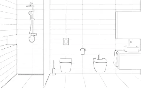 Salle de bain moderne avec douche, lavabo, miroir, toilettes et bidet. Le calepinage du carrelage est visible sur les murs et le sol.