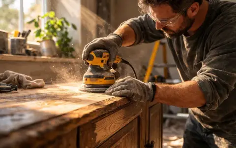 Un artisan utilise une ponceuse pour décaper un meuble en bois, soulevant un nuage de poussière.