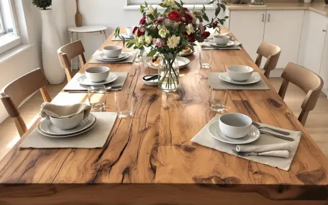 Une table en bois rustique est dressée pour un repas, avec des assiettes, des bols, des verres et un bouquet de fleurs.