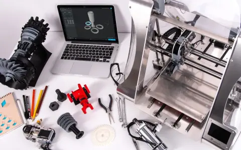 Il disegnatore CAD lavora su un laptop con un modello 3D, circondato da componenti stampati in 3D e strumenti.