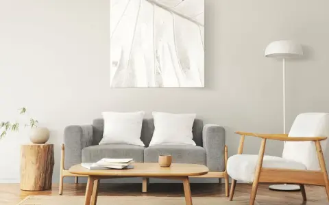 Un cuadro de hoja en tonos claros decora la pared, complementando el estilo zen de los cuadros feng shui dormitorio. Sofá gris, sillón blanco y mesa de centro de madera.