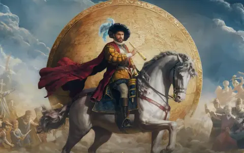 Un conquistador a caballo, con un astrolabio, frente a un globo terráqueo que muestra Europa. A su alrededor, figuras históricas y multitudes celebran la era de Europa Universalis V.
