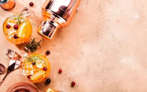Zwei erfrischende Cocktails mit Orange, Beeren und Rosmarin, dazu ein Shaker. Wer denkt bei diesem Anblick an Wodka Kalorien?