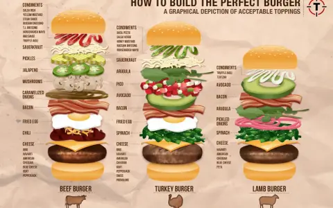 Grafika pokazuje, jak zbudować idealnego burgera na dzień burgera: wołowego, z indyka i jagnięcego, z różnymi dodatkami.