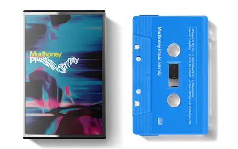 Kaseta Mudhoney "Plastic Eternity" - pamiątka z mojej podróży. Niebieska kaseta z listą utworów, obok okładka albumu.