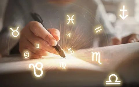 Dłoń pisze piórem, otoczona znakami zodiaku. Panna od 23 sierpnia do 22 września.