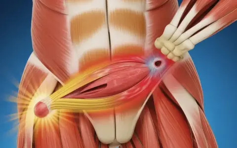 Anatomie montrant une déchirure abdominale, avec des zones rouges indiquant la douleur et l'inflammation. Symptômes d'une déchirure abdominale.