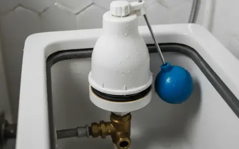 Mécanisme de chasse d'eau avec flotteur bleu. Prêt à changer la chasse d'eau pour un modèle plus moderne.